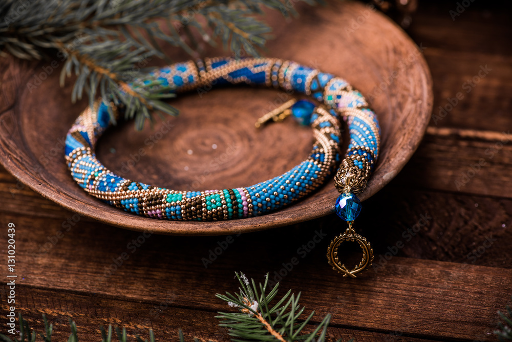 Beadwork. Beaded necklace. Winter. Christmas. Handmade Jewelry. Blue.