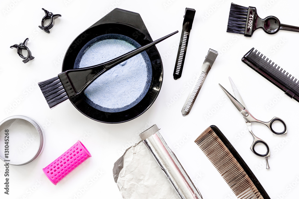 Tools for hair dye and hairdye top view white background