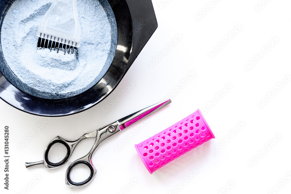 Tools for hair dye and hairdye top view white background