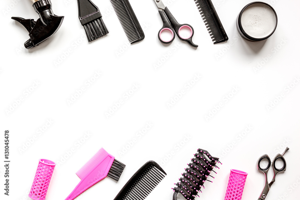 Tools for hair styling on white background top view