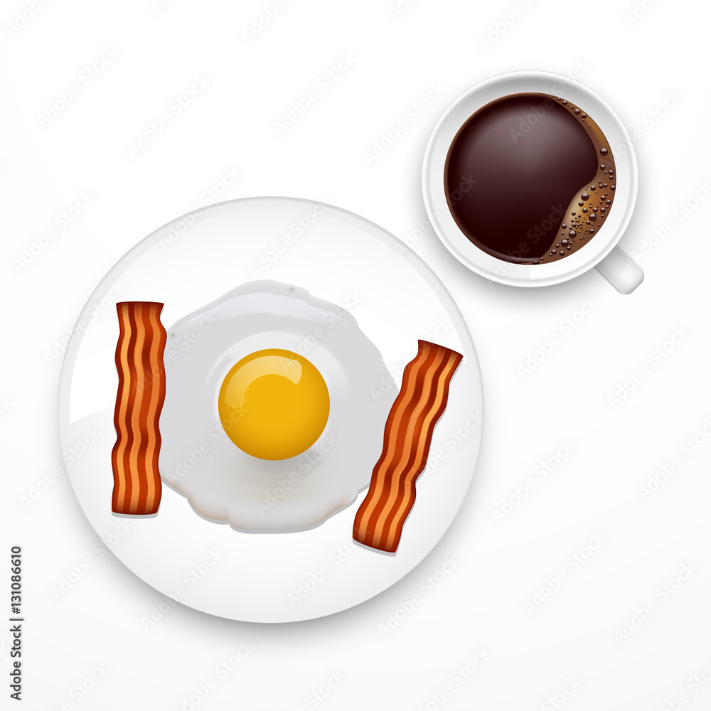 Omelette with bacon on plate and a cup of coffee, vector illustration