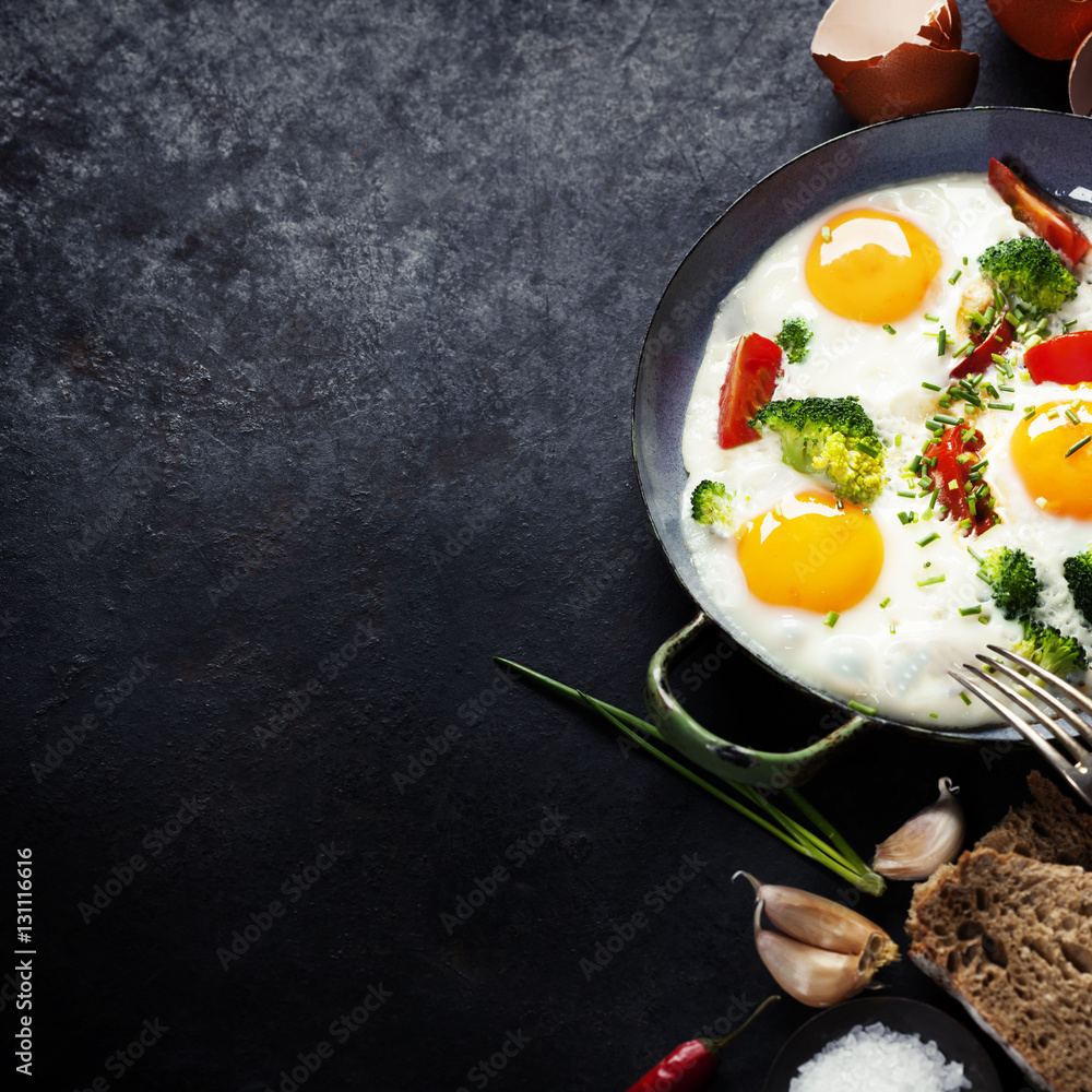 Pan of fried eggs, broccoli and cherry-tomatoes, top view