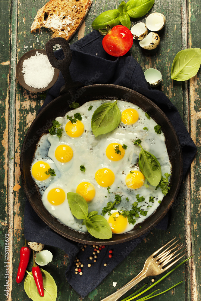 Pan of fried eggs, top view