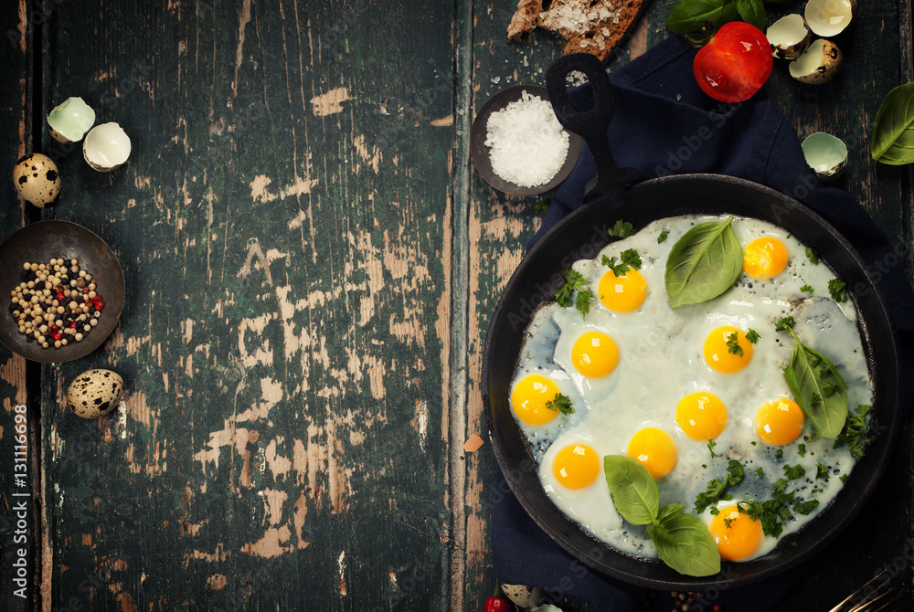 Pan of fried eggs, top view