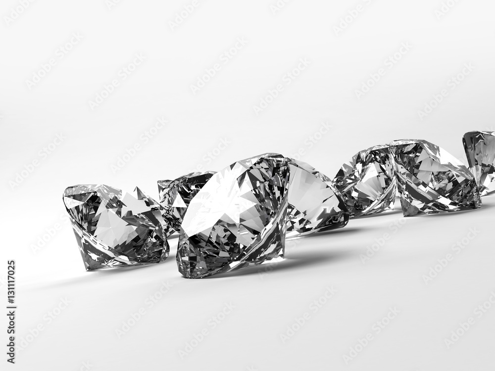 Group of diamonds placed on white background, 3D illustration.