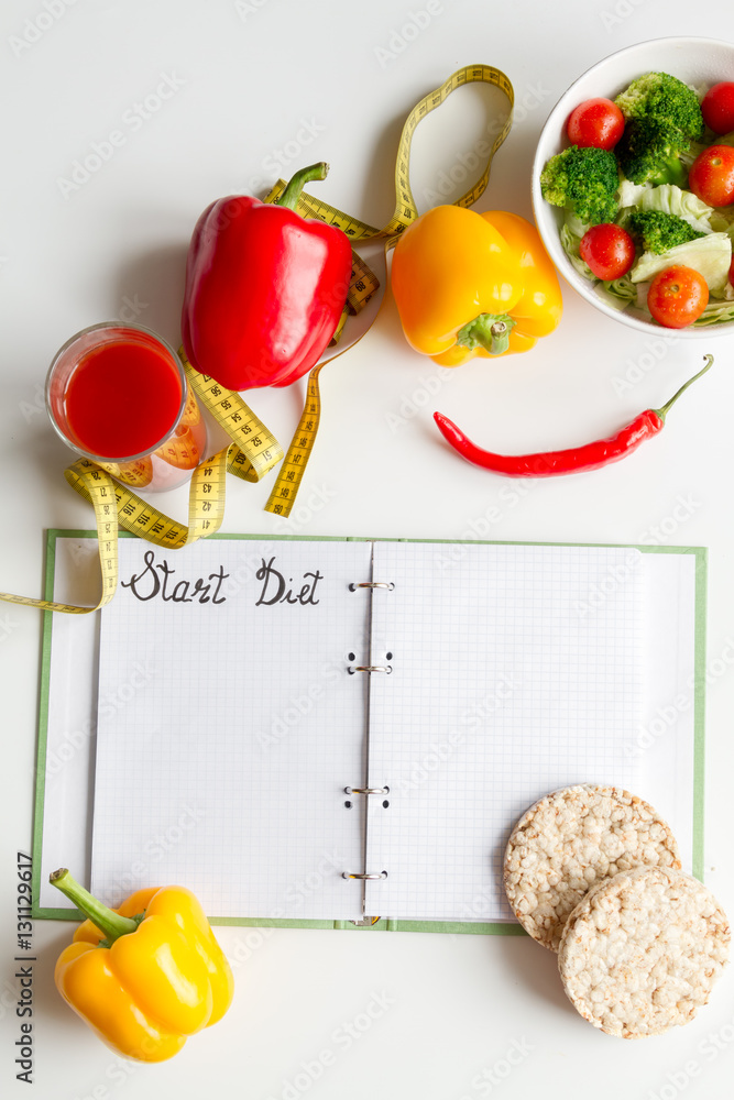 concept diet, slimming plan with vegetables top view mock up