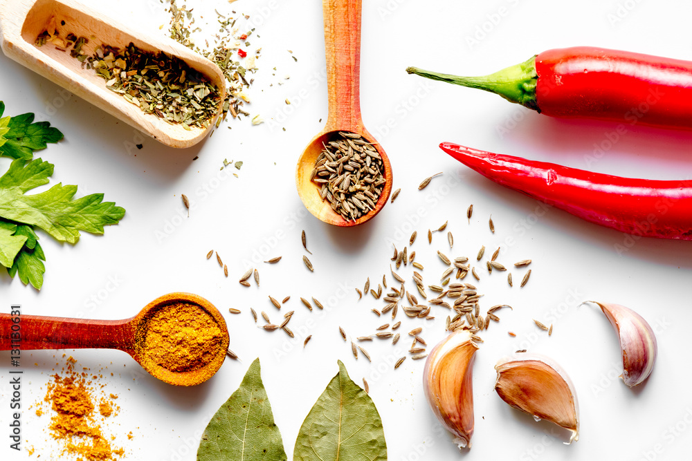 spices in wooden spoons on white background top view