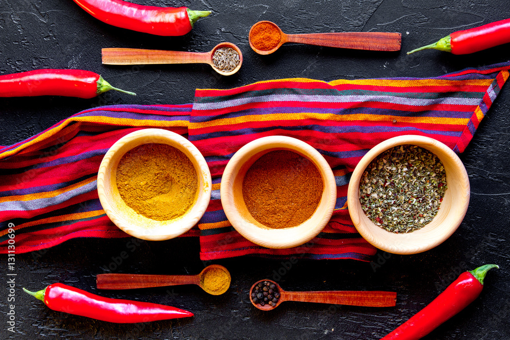 spices in wooden spoons on white background top view