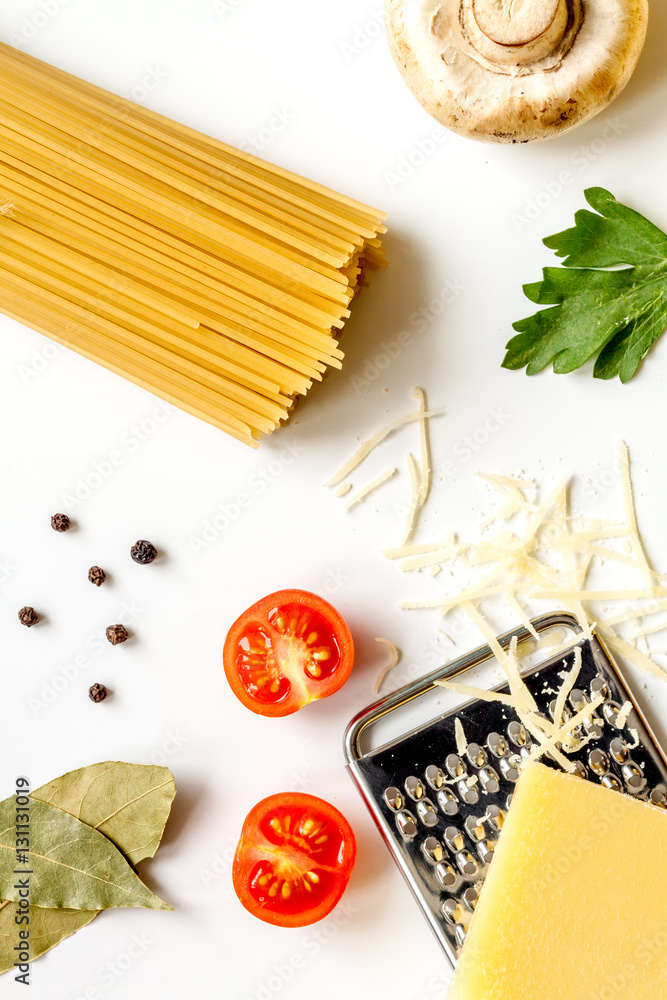 ingredients for cooking paste on white background top view