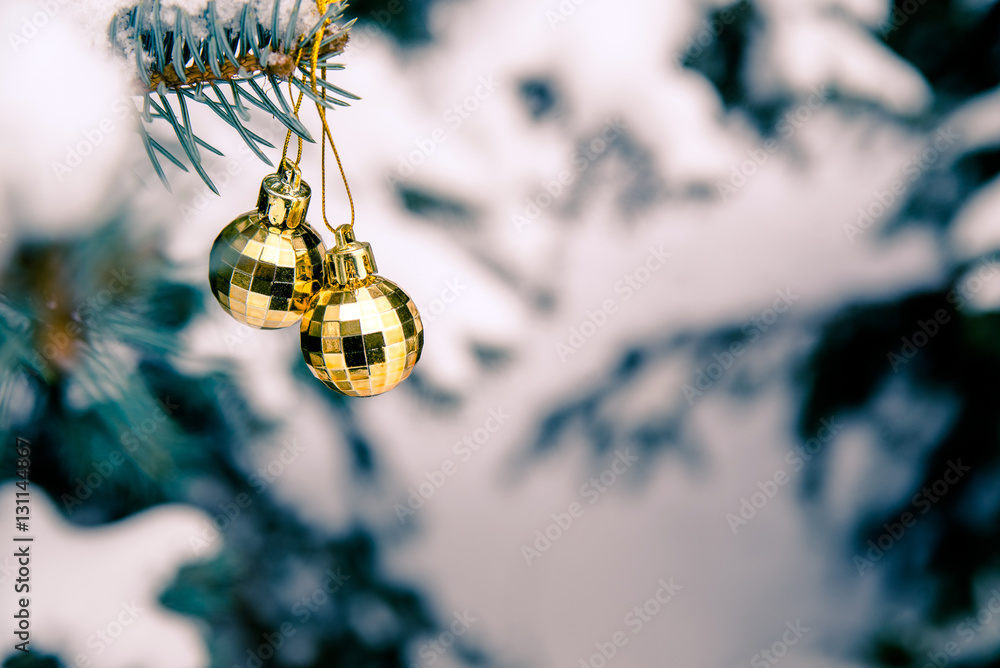 Christmas Background golden balls on Christmas tree branches 