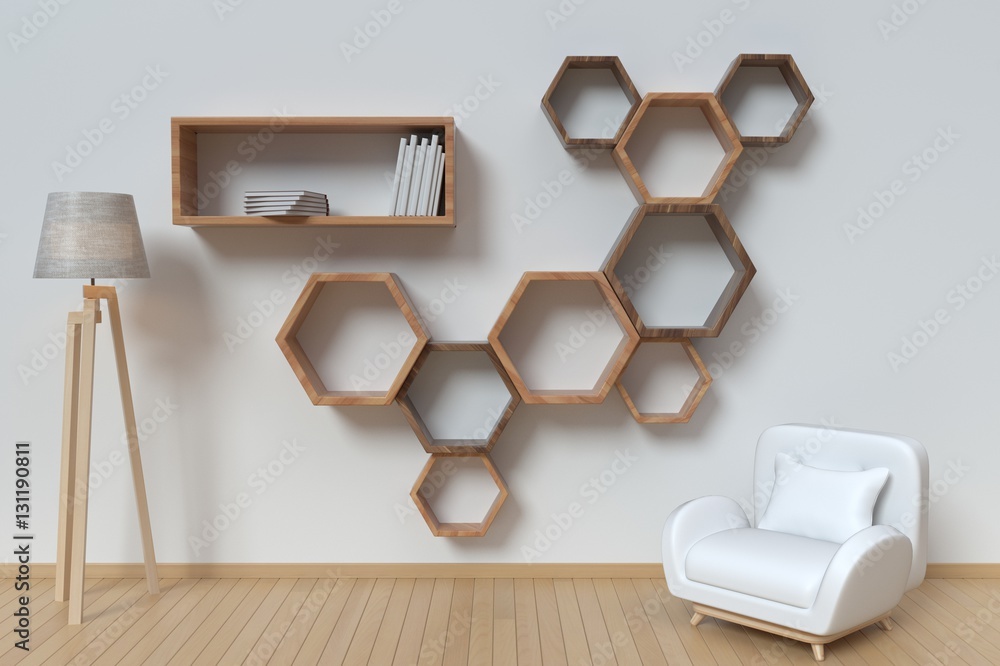 The living room is designed with a sofa and Shelf hexagonal,3D rendering