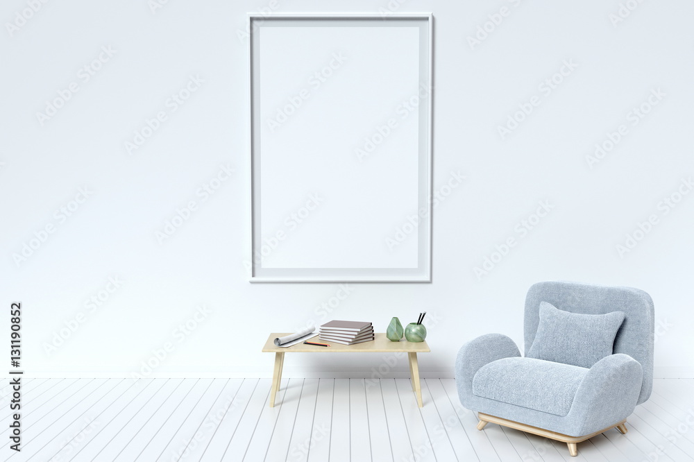 Within the have picture frame and fabric sofa on a white background wall,3D rendering