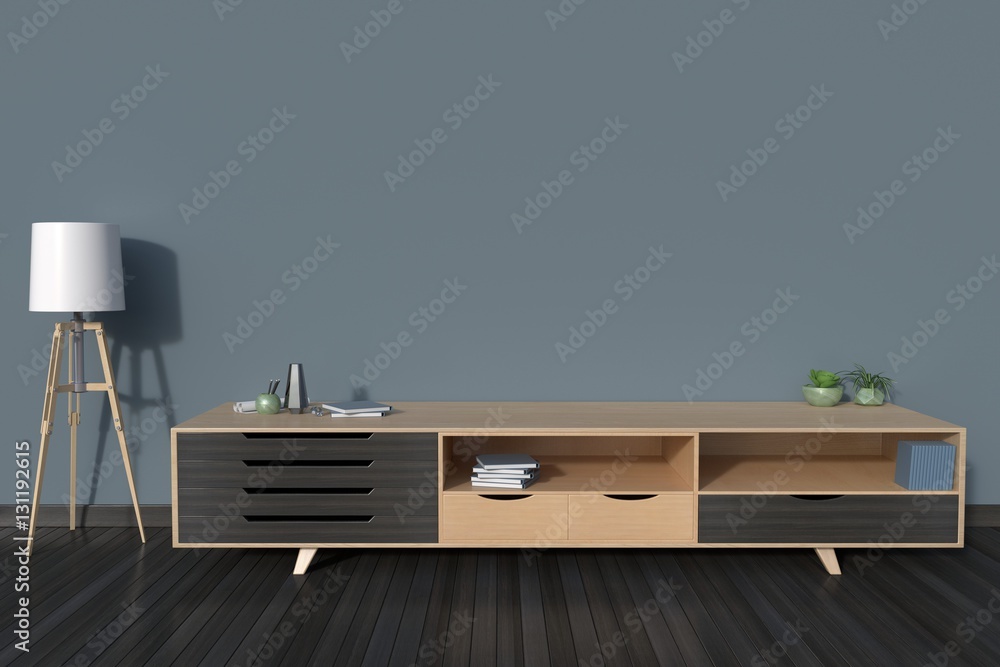 Cabinet with Ornamental plants and lamp on background dark color,3D rendering