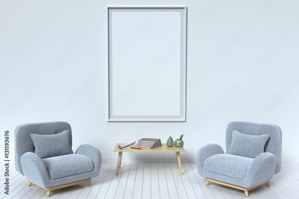 Within the have picture frame and fabric sofa with pillows on a white background wall,3D rendering