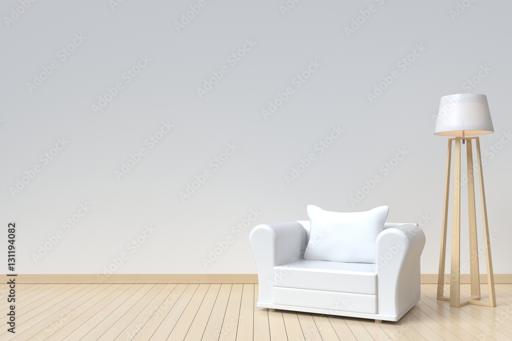 Interior room has a white sofa and lamp on empty white wall background,3D rendering