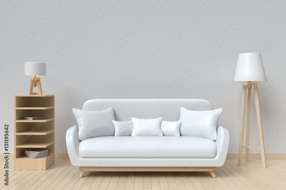 The interior has a White sofa and lamp on empty white wall background,3D rendering