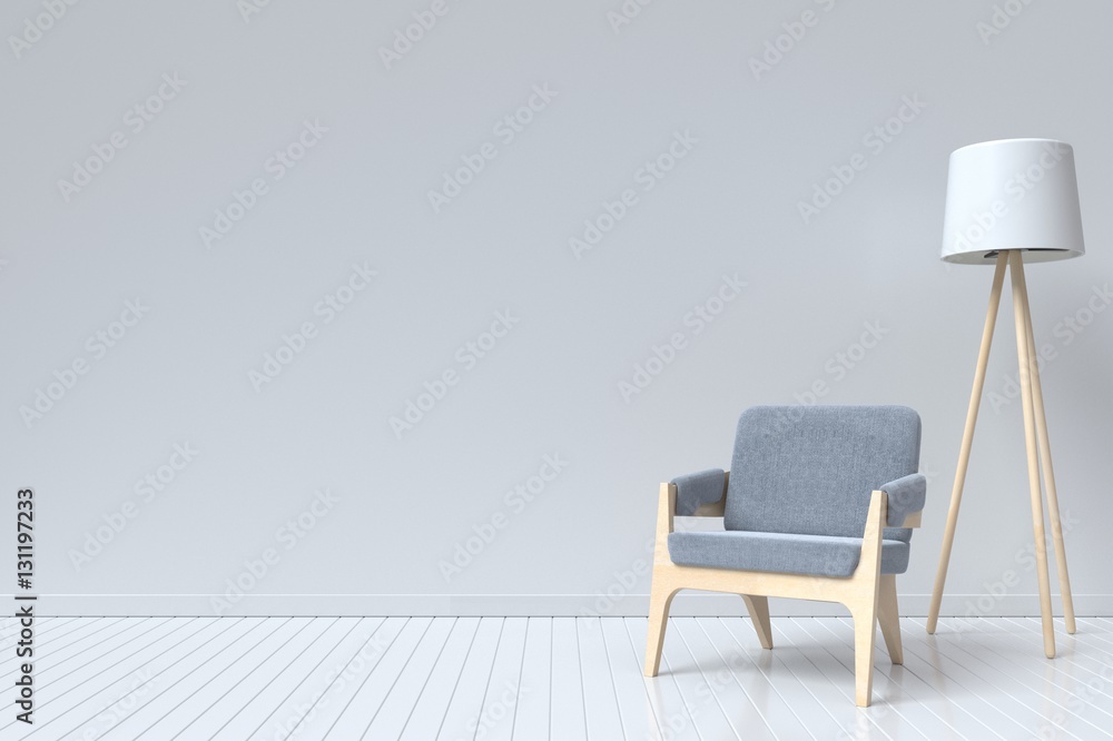 The interior has a sofa and lamp on empty white wall background,3D rendering