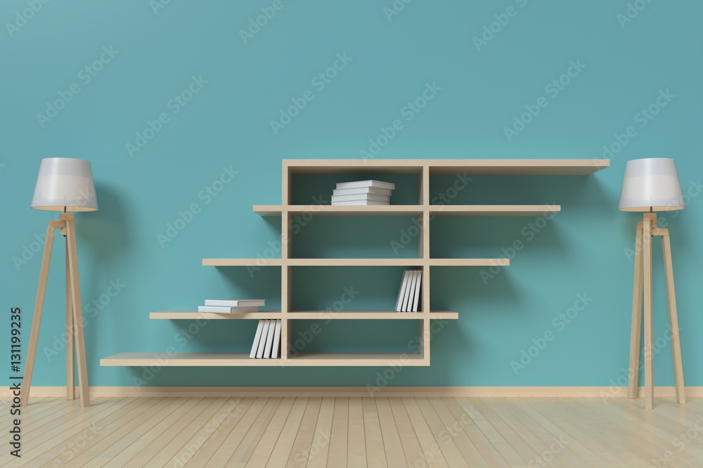 Bookshelf on the wall with books and lamp ,3D rendering