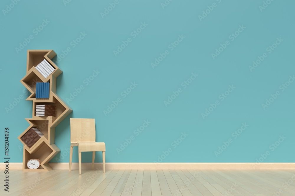 Bookshelf on the wall with books and clock,3D rendering