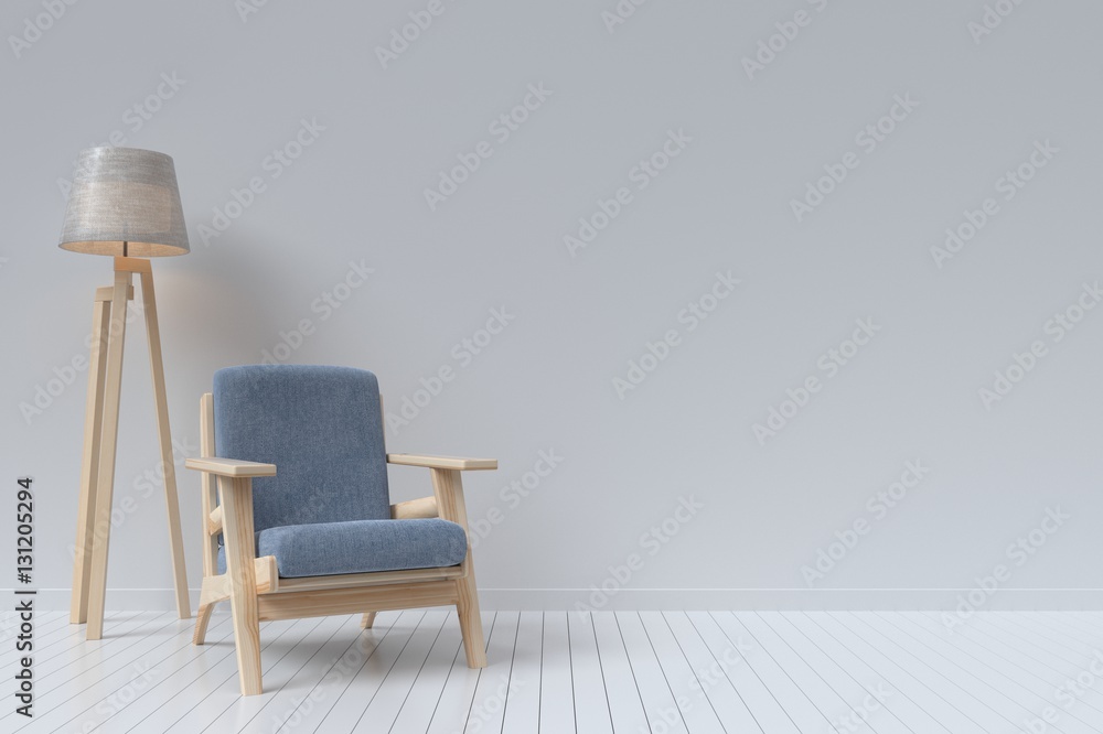 The interior has a sofa and lamp on empty white wall background,3D rendering