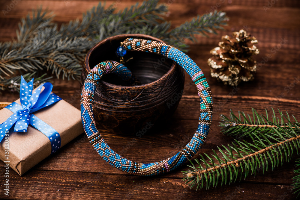 Beadwork. Beaded necklace. Winter. Christmas. Handmade Jewelry. Blue.