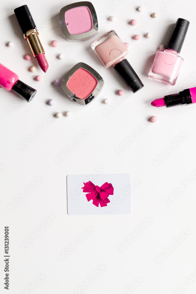 concept online shopping cosmetics white background top view mock up