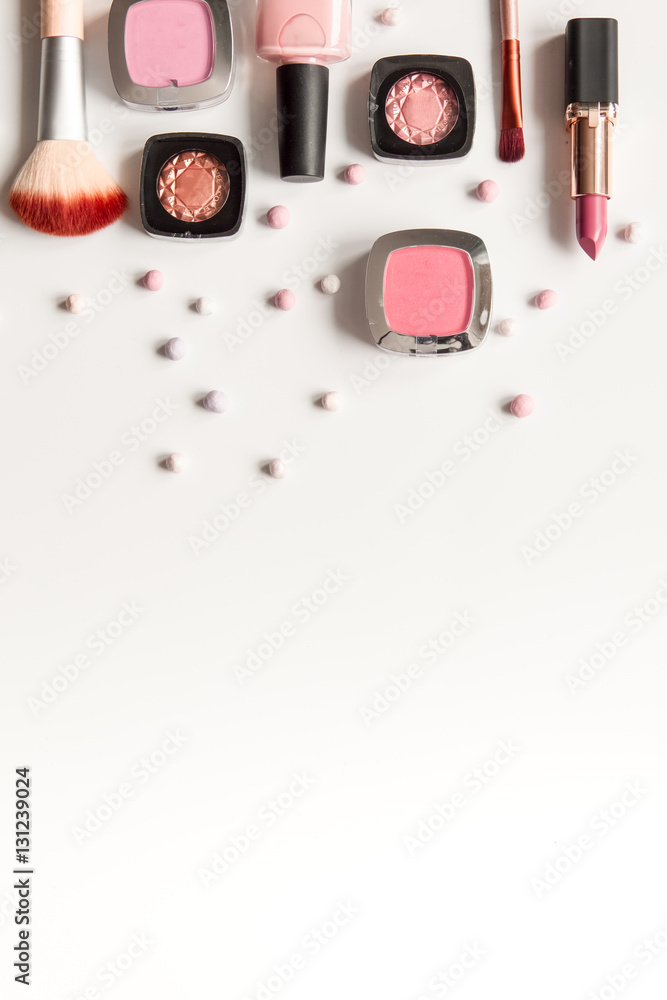 concept online shopping cosmetics white background top view mock up