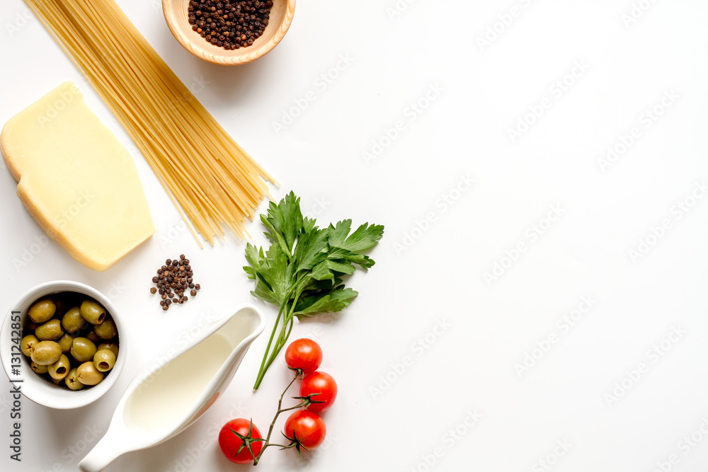 ingredients for cooking paste white background top view mock up