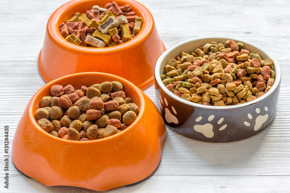 dry dog food in bowl on wooden background