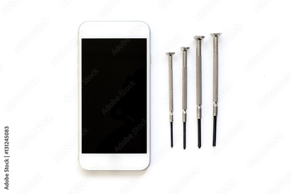 diagnostic of gadgets on white background top view