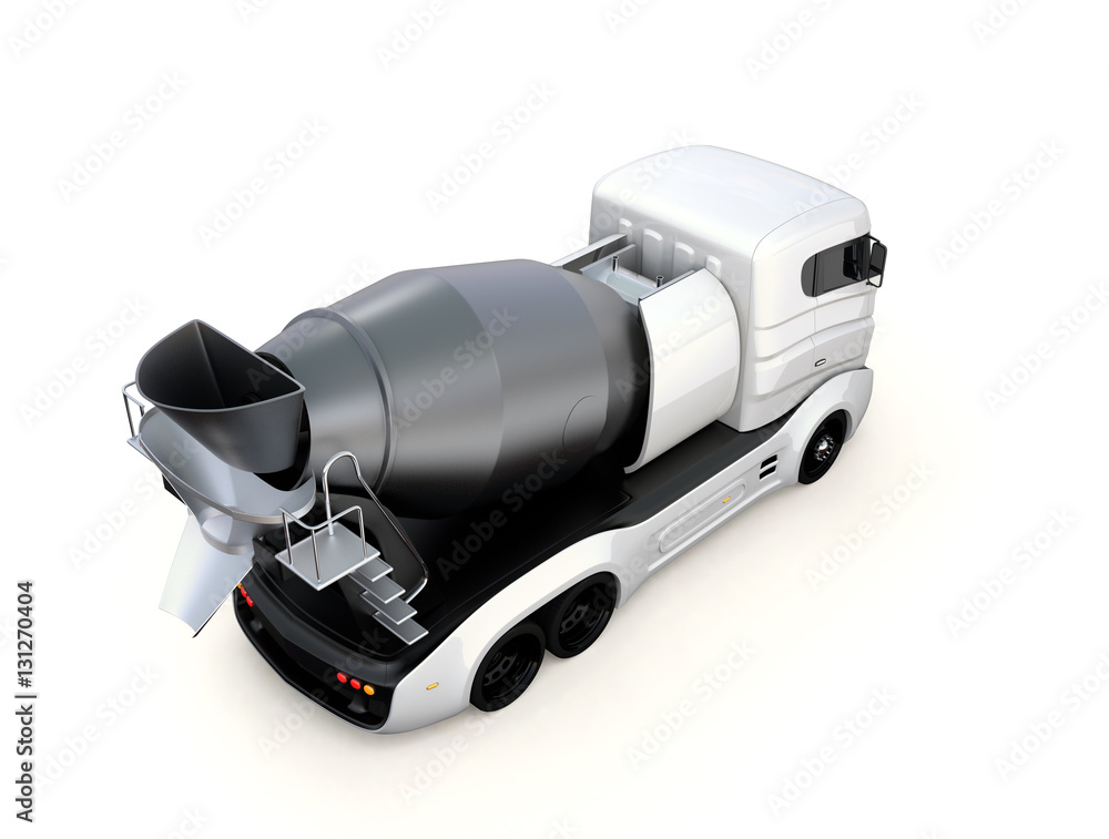 Rear view of concrete mixer truck isolated on white background. 3D rendering image with clipping pat