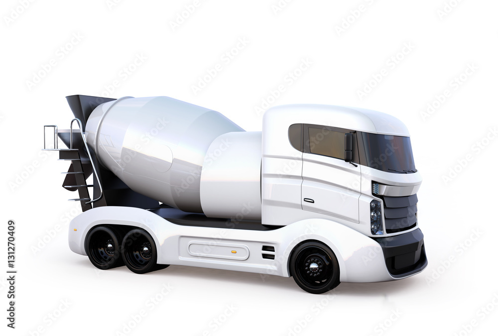 Side view of concrete mixer truck isolated on white background. 3D rendering image with clipping pat