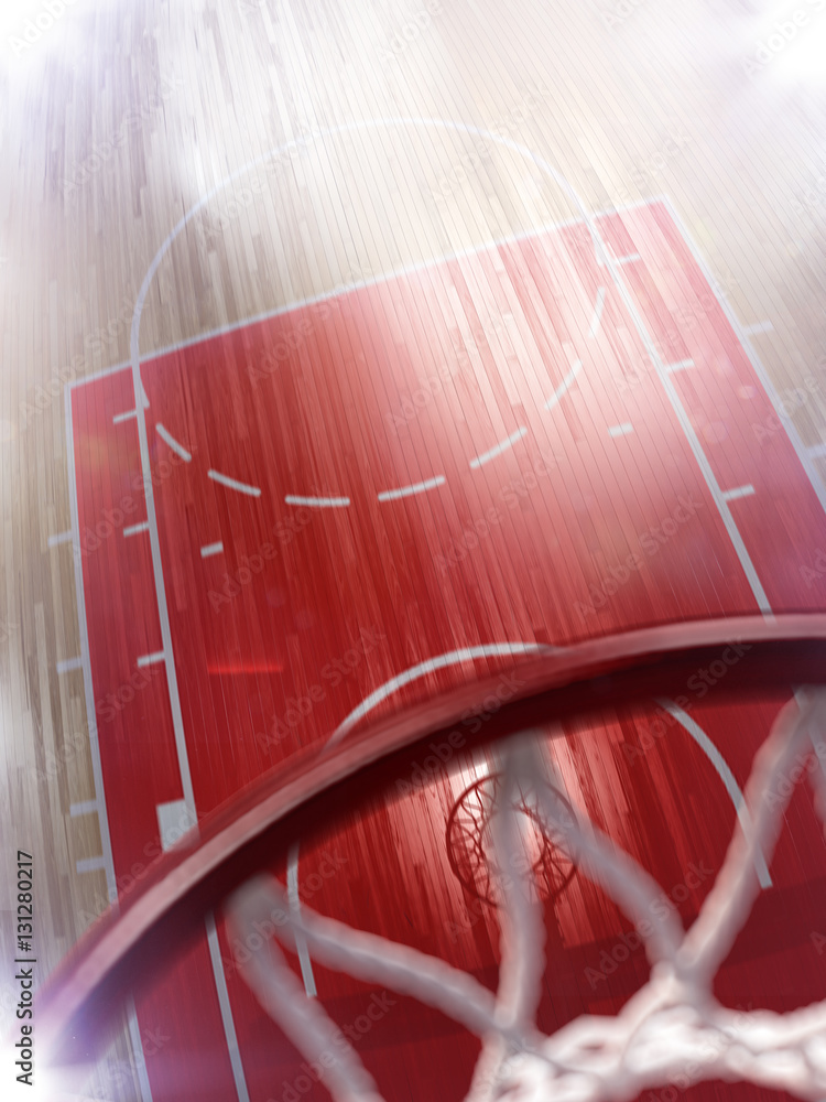 Basketball court floor and hoop 3d render. Floor is motion blur.