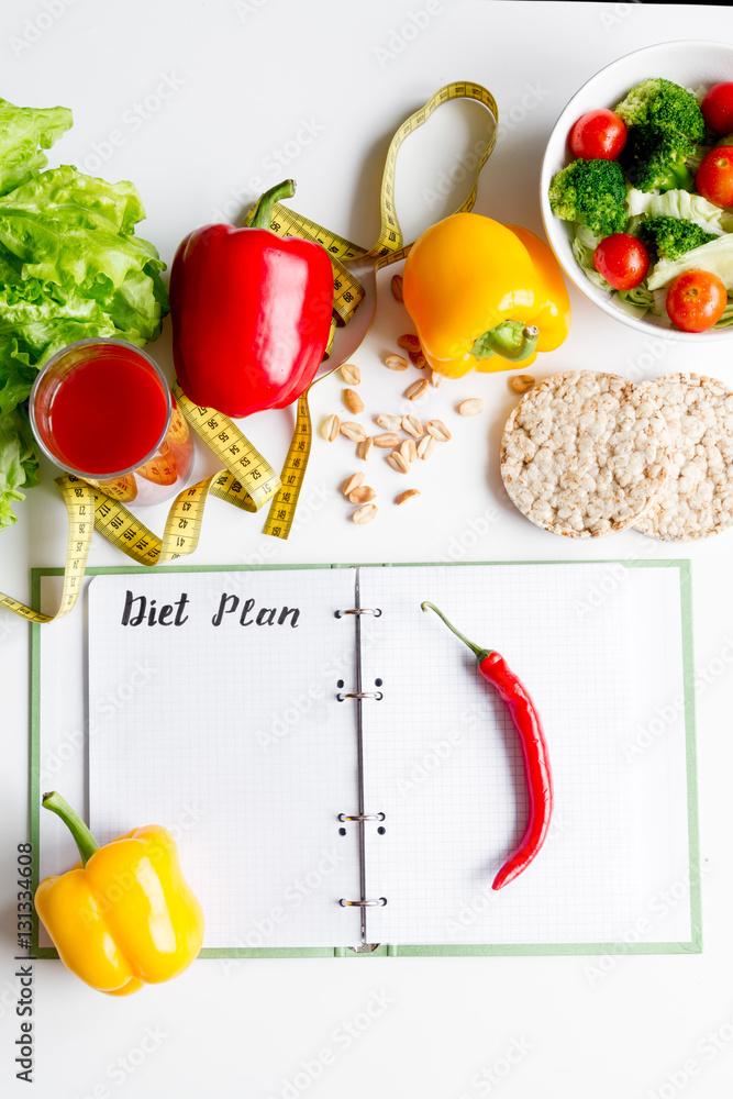 concept diet, slimming plan with vegetables top view mock up