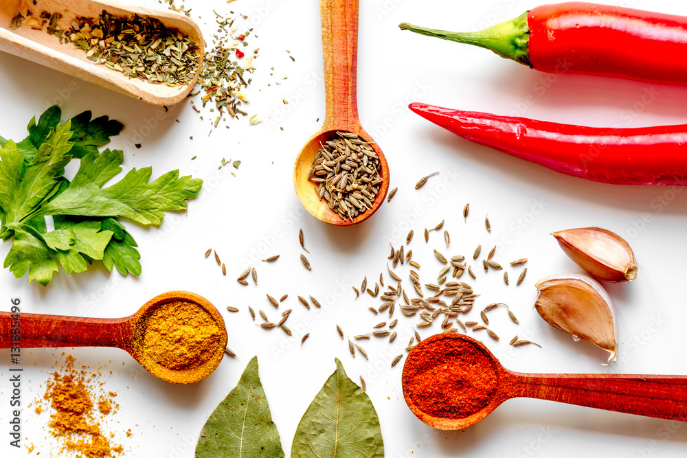 spices in wooden spoons on white background top view