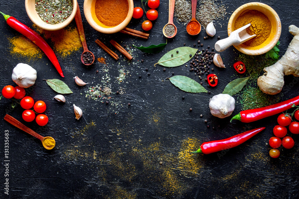 spices in wooden spoons on white background top view