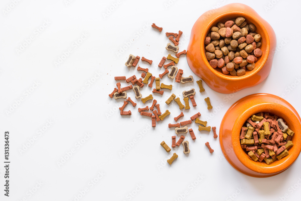 dry dog food in bowl on white background top view