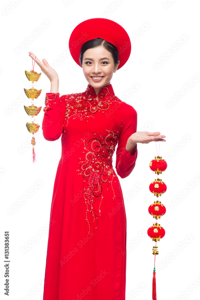 Portrait of a beautiful Asian woman on traditional festival Ao Dai.