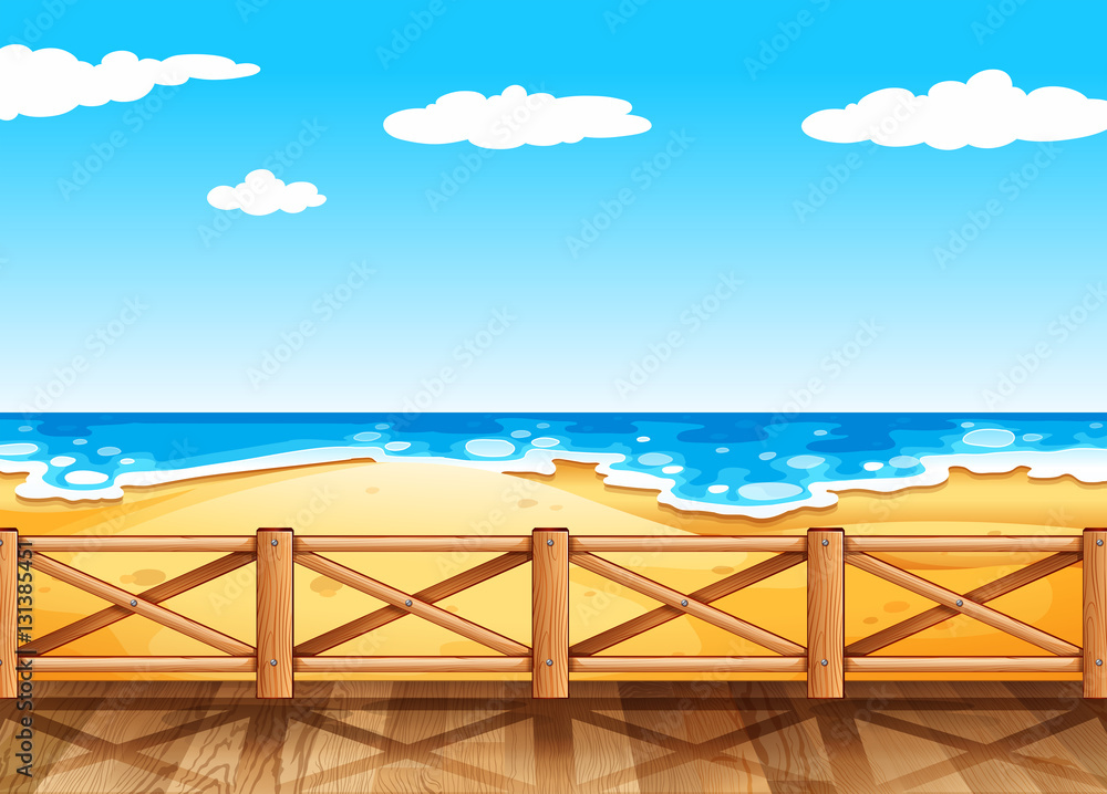 Beach scene with wooden bridge