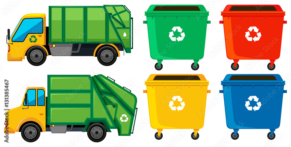 Rubbish truck and cans in four colors