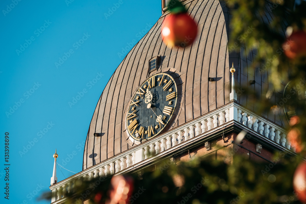 Tower Of Riga Cathedral, Surrounded By Christmas Decorations, Vintage Christmas Toys