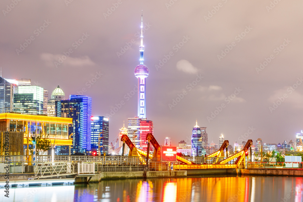 Modern urban architectural landscape at night in Shanghai