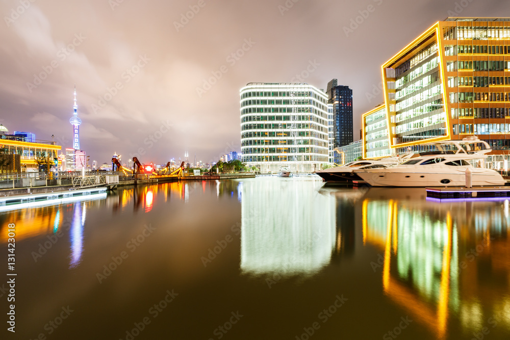 Modern urban architectural landscape at night in Shanghai