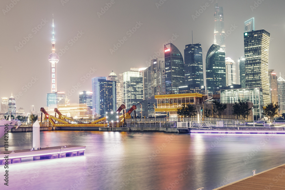 Modern urban architectural landscape at night in Shanghai