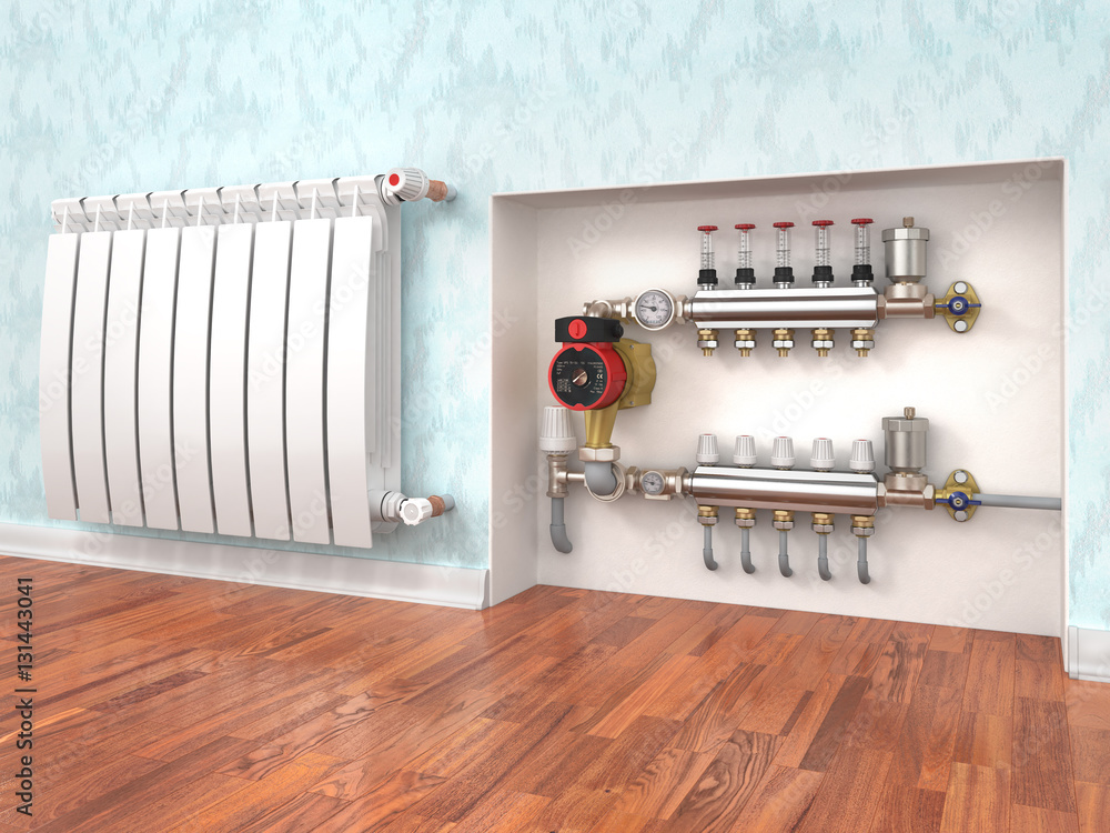 Heating concept. Underfloor heating with collector in the room.