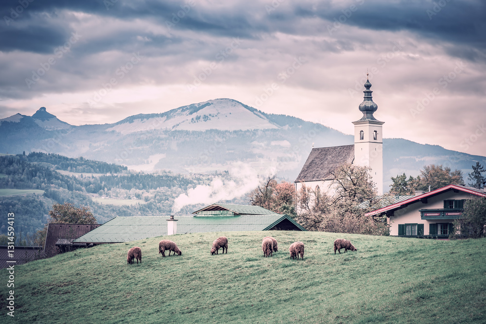 Traditional Vintage Alpine Rural Landscape