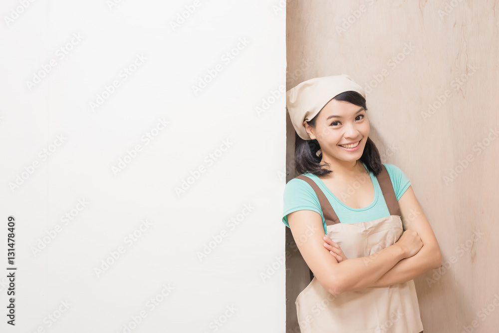 woman woodworking smile happily