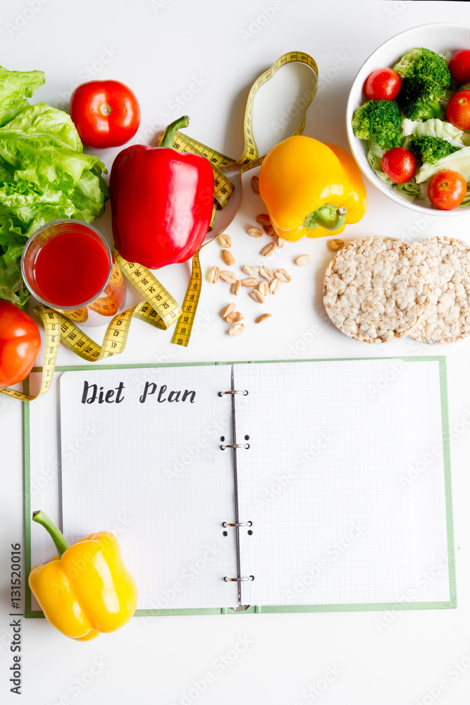 concept diet, slimming plan with vegetables top view mock up