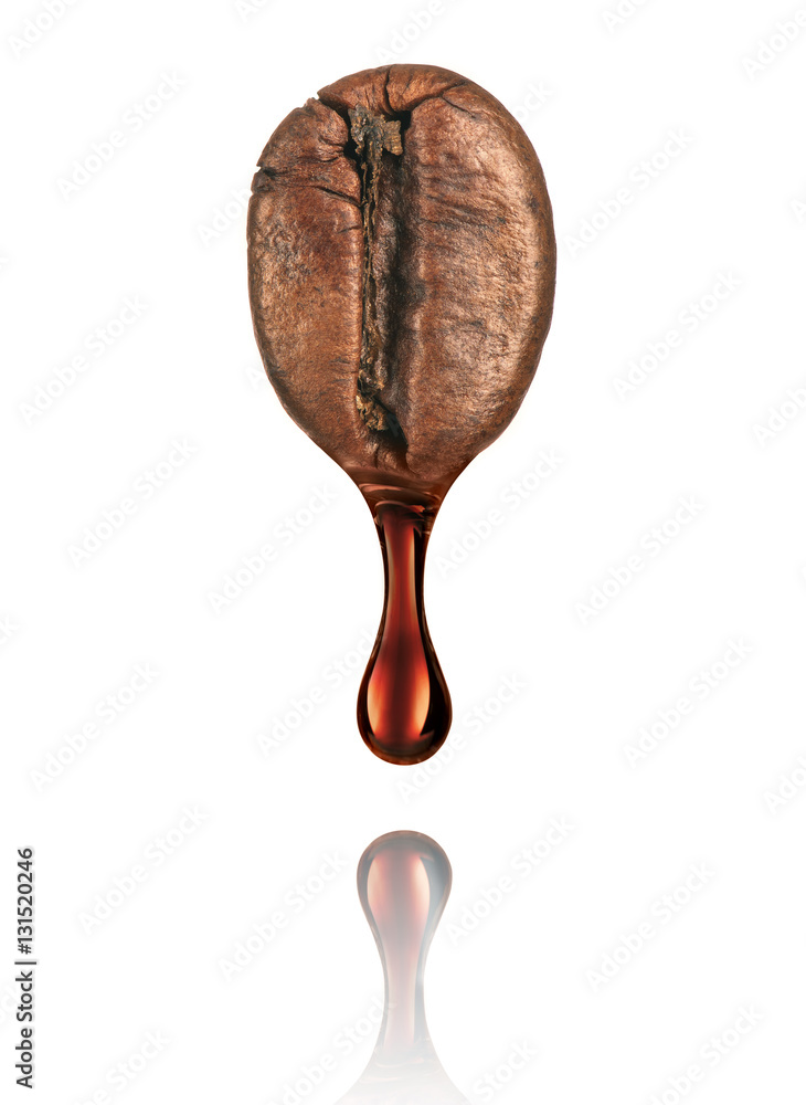 Drop of coffee dripping from coffee seed isolated on white backg