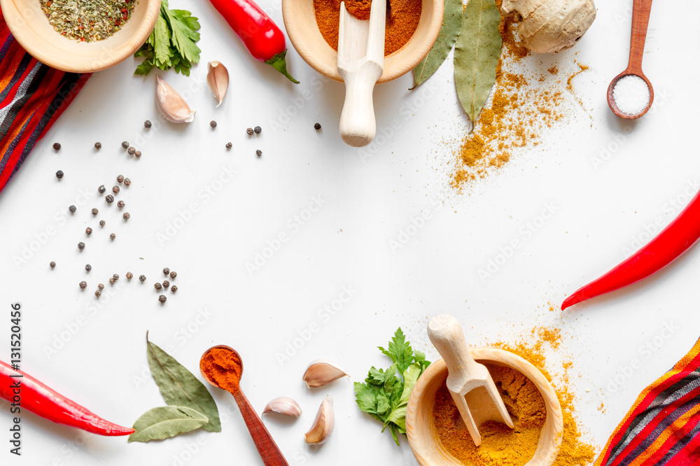 spices in wooden bowl white background top view